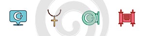 Set Star and crescent, Christian cross on chain, and Decree, paper, parchment, scroll icon. Vector