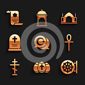 Set Star and crescent, Easter egg, Dharma wheel, Cross ankh, Christian cross, Tombstone with, Hindu spiritual temple and