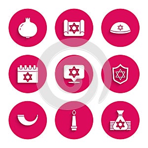 Set Star of David, Burning candle, Jewish money bag, Shield with, Traditional ram horn, shofar, calendar, kippah and