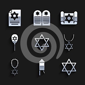 Set Star of David, Firework rocket, necklace on chain, Balloon with star david, Torah scroll and icon. Vector