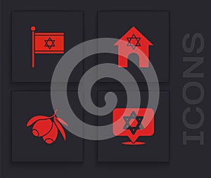 Set Star of David, Flag Israel, Jewish synagogue and Olives branch icon. Vector