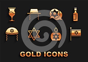 Set Star of David, Jewish wine bottle, Flag Israel, Burning candle, kippah, goblet and Orthodox jewish hat icon. Vector