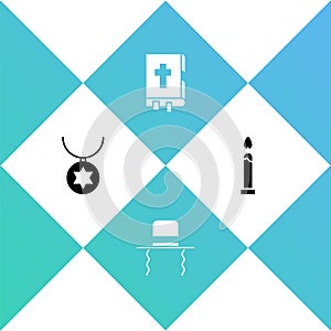 Set Star of David necklace on chain, Orthodox jewish hat with sidelocks, Holy bible book and Burning candle icon. Vector