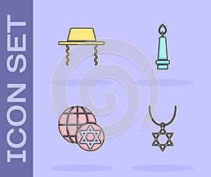 Set Star of David necklace on chain, Orthodox jewish hat, World Globe and Israel and Burning candle icon. Vector
