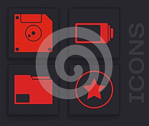 Set Star, Floppy disk for computer data storage, Battery charge level indicator and Document folder icon. Vector