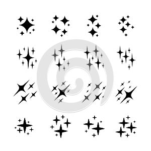 Set of star, sparkle icons. Collection of bright fireworks, twinkles, shiny flash. Glowing light effect stars and bursts