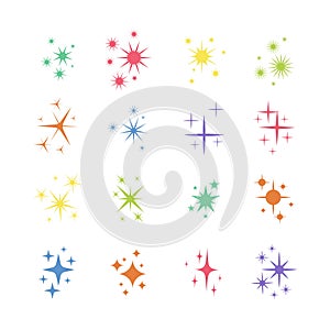 Set of star, sparkle icons. Collection of bright fireworks, twinkles, shiny flash. Glowing light effect stars and bursts