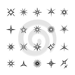 Set of star, sparkle icons. Collection of bright fireworks, twinkles, shiny flash. Glowing light effect stars and bursts