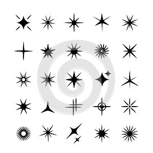 Set of star, sparkle icons. Collection of bright fireworks, twinkles, shiny flash. Glowing light effect stars and bursts