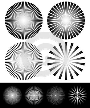 Set of starburst, sunburst shapes. Radiating, converging lines.
