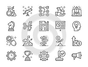 Set of Startup Line Icons. Megaphone, Trophy, Strategy, Money Tree and more.