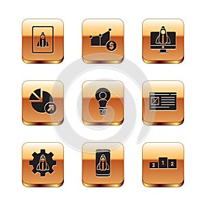 Set Startup project concept, Head with lamp bulb, Financial growth, Business podium and Pie chart and dollar icon