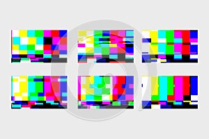 A set of static glitches. No signal TV. TV screen. End of movie VHS. Digital glitch distortion. Vector illustration.