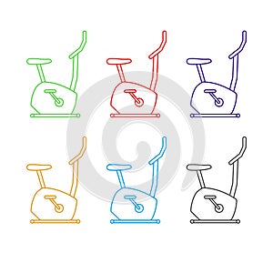 Set of stationary bike line colored icons, sport and equipment, exercise bicycle sign. Linear outline vector illustration.
