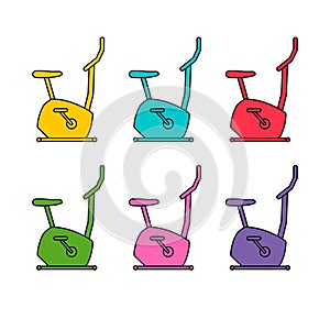 Set of stationary bike line colored icons, sport and equipment, exercise bicycle sign. Linear outline vector illustration.