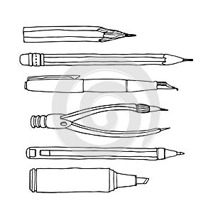 Set of stationery, ballpoint pen, pencil, compass, marker