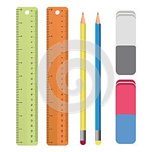 Set of stationery tools outlines: ruler, pencil, eraser. School supplies, Drawing Set in vector