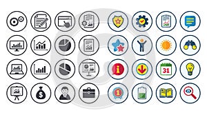 Set of Statistics, Accounting and Report icons.