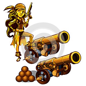 A set of statues of a girl pirate made gold isolated on a white background. A cannon with cannonballs. Vector