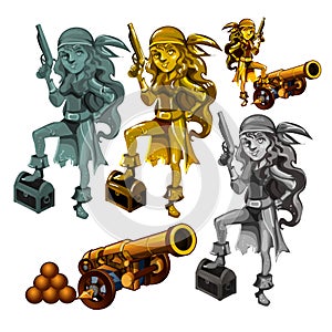 A set of statues of a girl pirate made of stone and gold isolated on a white background. A cannon with cannonballs