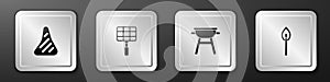 Set Steak meat, Barbecue steel grid, grill and Burning match with fire icon. Silver square button. Vector