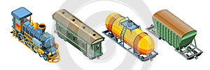 Set with steam locomotive, passenger Railway carriage, freight car, wagon canister. Vintage retro train graphic vector