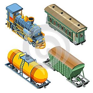 Set with steam locomotive, passenger Railway carriage, freight car, wagon canister. Vintage retro train graphic vector