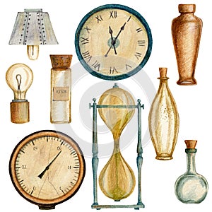 Set of steampunk elements with bottles, clocks, lamp, barometer and sandglass.