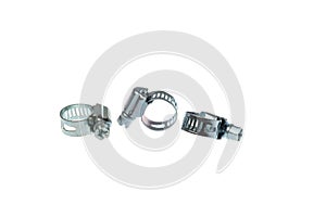 Set of steel adjustable hose clamps with a nut screw, isolated on white background