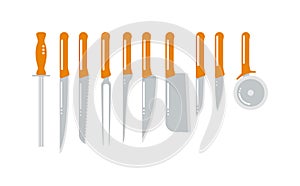 Set of steel kitchen knifes carving, paring, and utility sharp tool cooking equipment collection vector illustration.