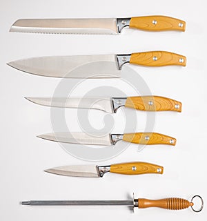 Set of steel kitchen knives, isolated on white background with clipping path. Chef knife