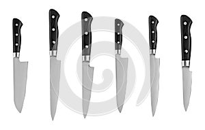 Set of steel kitchen knives, isolated on white background with clipping path. Chef knife