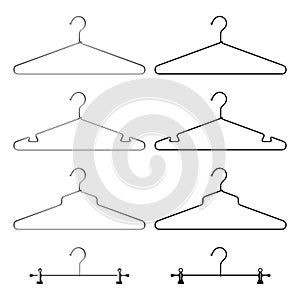 Set of steel metallic clothes hangers. Realistic and black silhouette