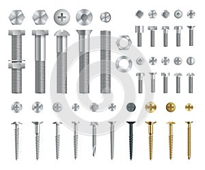 Set of Steel Screws, Bolts, Nuts and Rivets. Top and Side View. Isolated Vector Elements