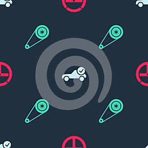 Set Steering wheel, Auto service check automotive and Timing belt kit on seamless pattern. Vector