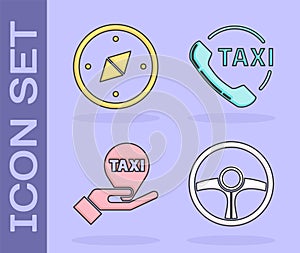 Set Steering wheel, Compass, Hand on map pointer with taxi and Taxi call telephone service icon. Vector