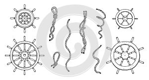 Set of steering wheel rudders and ropes. Vector black white doodle sketch outline retro isolated illustration.