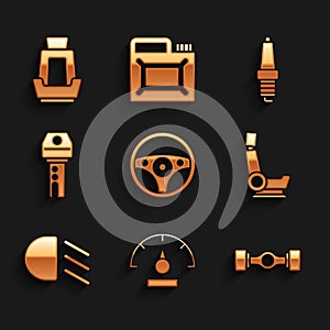 Set Steering wheel, Speedometer, Chassis car, Car seat, High beam, key with remote, spark plug and icon. Vector