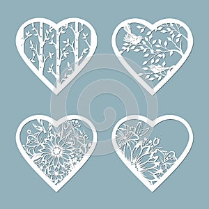 Set stencil hearts with flower. Template for interior design, invitations, etc. Image suitable for laser cutting, plotter cutting