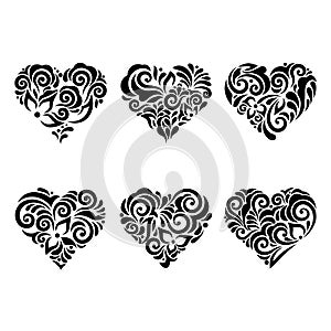 Set stencil hearts with patterns of leaves and flowers. Template for interior design  invitations  etc. Vector illustration.