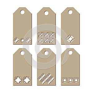 Set stencil labels with a carved pattern on a white background