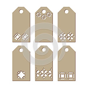 Set stencil labels with a carved pattern on a white background