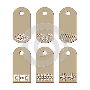 Set stencil labels with a carved pattern on a white background