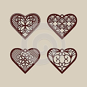 Set of stencil lace hearts with carved openwork pattern for laser cutting