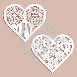 Set stencil lacy hearts with carved openwork pattern. Template for interior design, layouts wedding cards, invitations