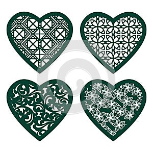 Set stencil lacy hearts with carved openwork pattern. Template for interior design, layouts wedding cards, invitations, etc. Image