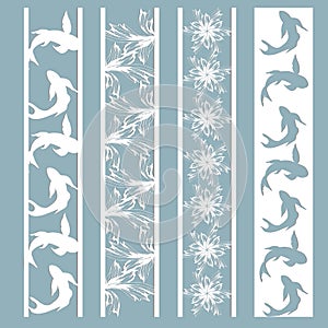 Set of stencils for laser cutting in the Japanese style. Panel depicting tropical fish and flowers, cut out of paper. Bookmark set