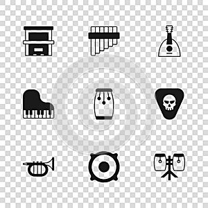 Set Stereo speaker, Guitar pick, Conga drums, Balalaika, Piano, Pan flute and Grand piano icon. Vector