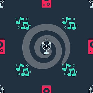 Set Stereo speaker, Microphone and Music note, tone on seamless pattern. Vector