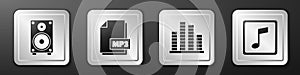 Set Stereo speaker, MP3 file document, Music equalizer and Music note, tone icon. Silver square button. Vector